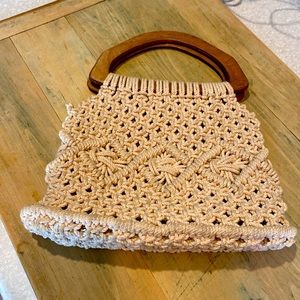 Vintage handmade macrame bag with wooden handles